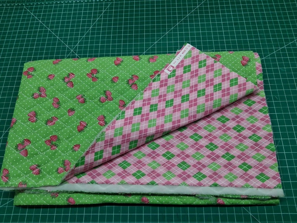 Double Sided Pre-Quilted Fabric Strawberries Pink & Green (1 Yard x 42″W) Cotton