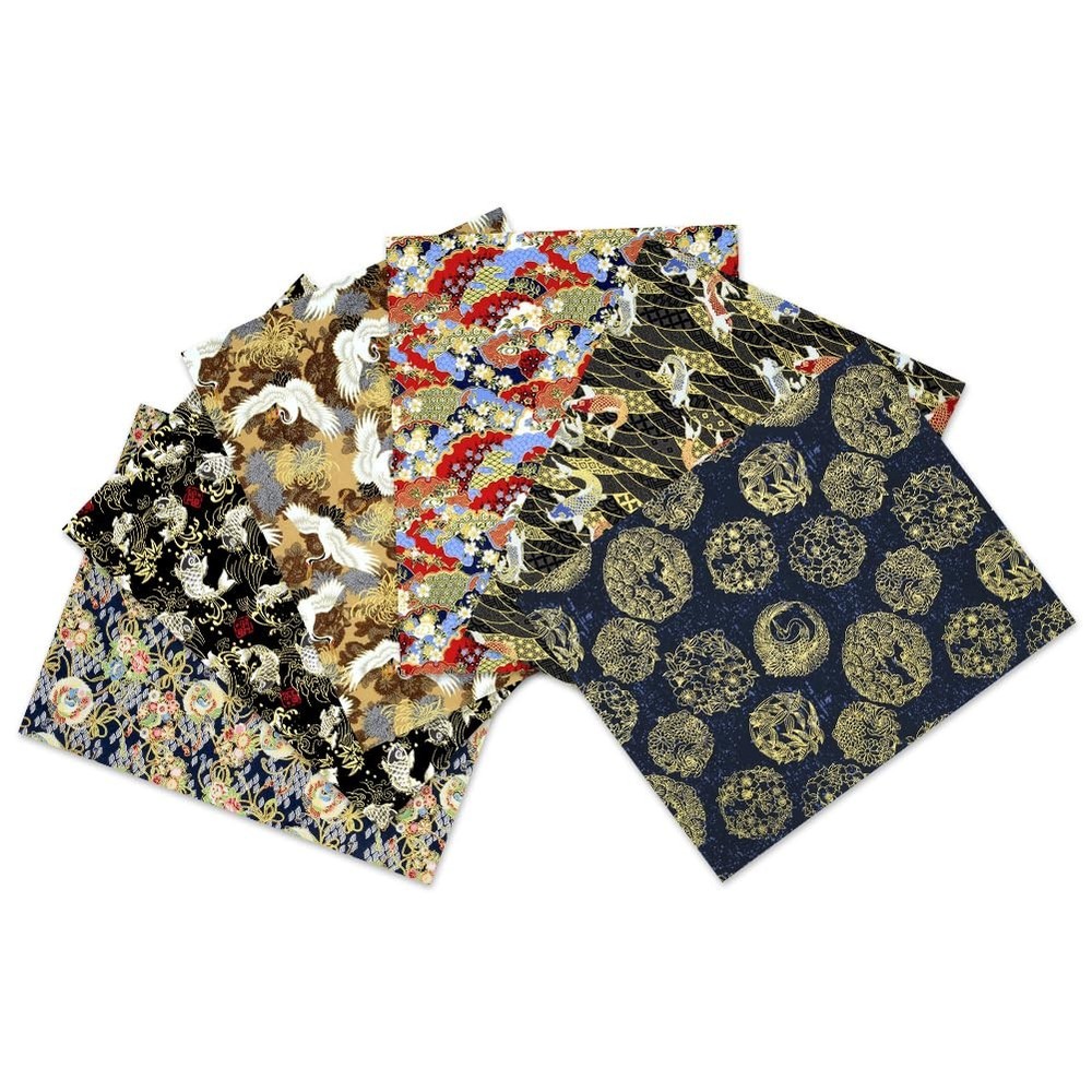Japanese Fabric Squares 6 Pcs, 6 Different Black Wrapping Cloth Fish Floral R…