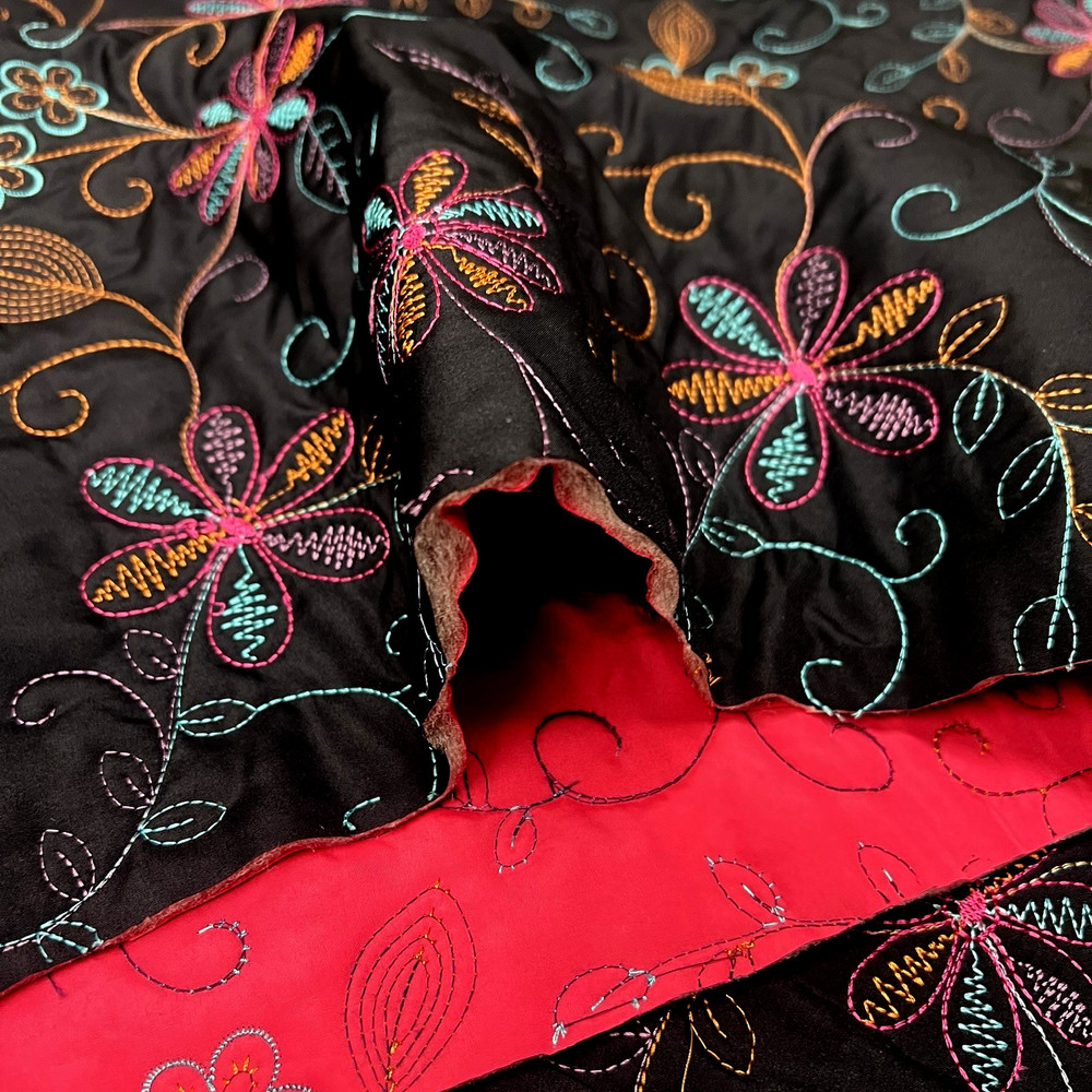 Embroidered Quilted Black/Fuchsia Poly Nylon Padded Fabric Lot of 2 Yards $20