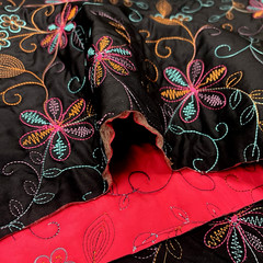 Embroidered Quilted Black/Fuchsia Poly Nylon Padded Fabric Lot of 2 Yards $20