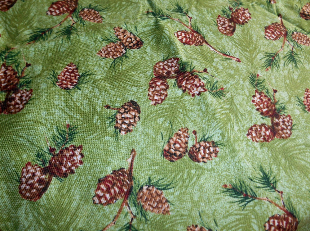 Vintage Wildlife Pinecone Cotton Fabric Anita Phillips Green & Brown 2 Yards