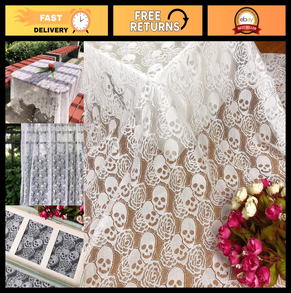 Soft White Lace Fabric by the Yard, Skull Rose Pattern, 59″x72″, DIY Craft & Sew