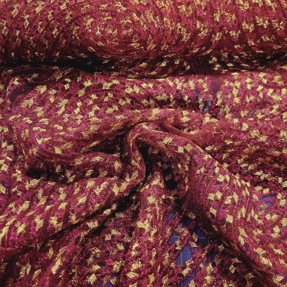 Burgundy Tulle Lace with Embroidered Swirls of Burgundy & Gold – Rich & Gorg!