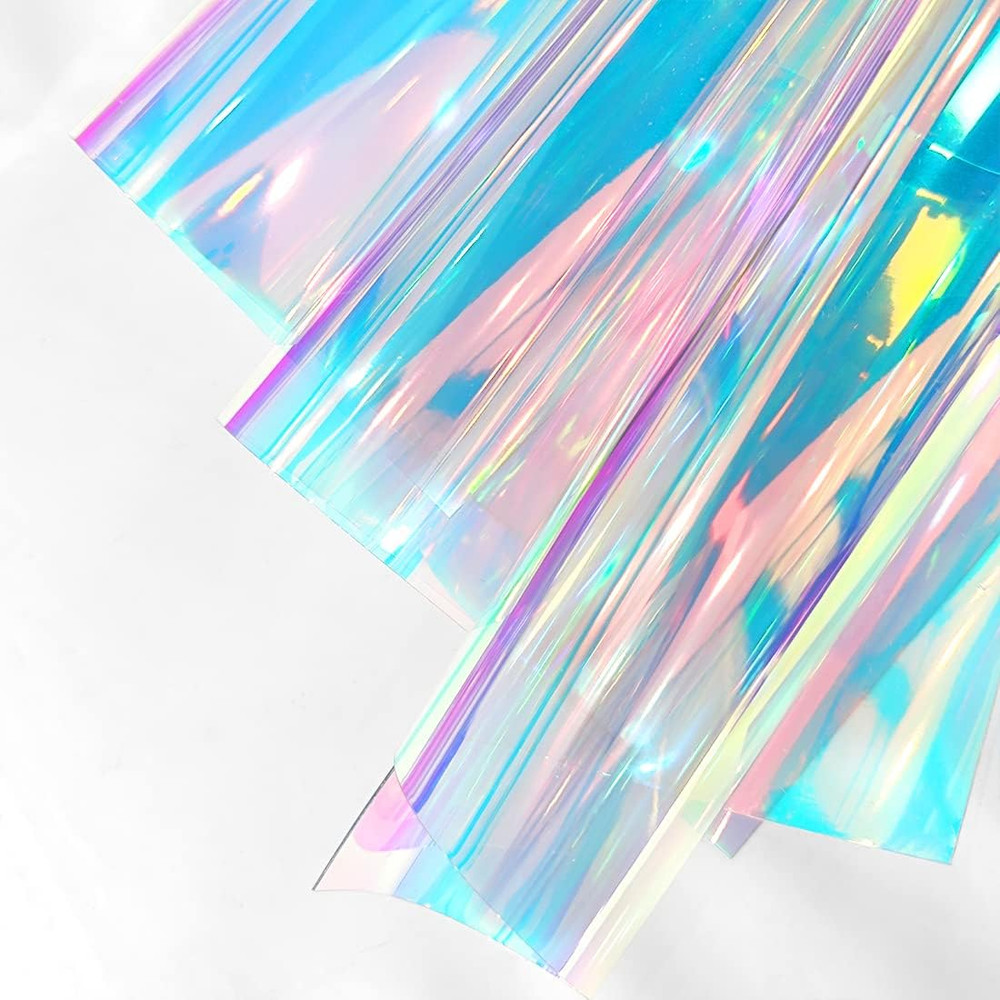 6 Pcs Holographic Clear PVC Fabric Iridescent Blue 0.8Mm Thick Transparent Vinyl