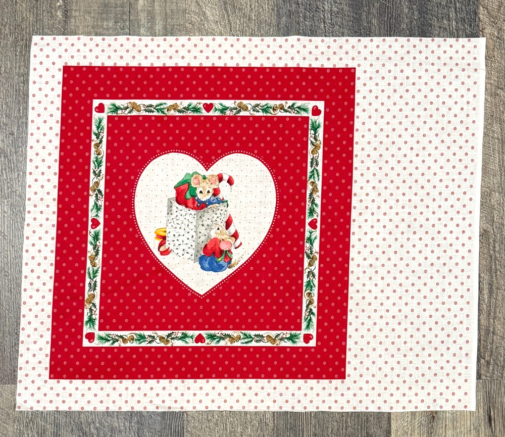 Vintage The Mistletoe Mice Pillow Cranston Cotton Fabric SINGLE Panel 17″ x 21″
