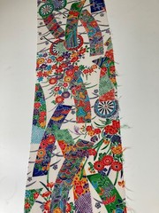 Vintage Japanese kimono silk fabric / white base, floral Tanzaku AB30