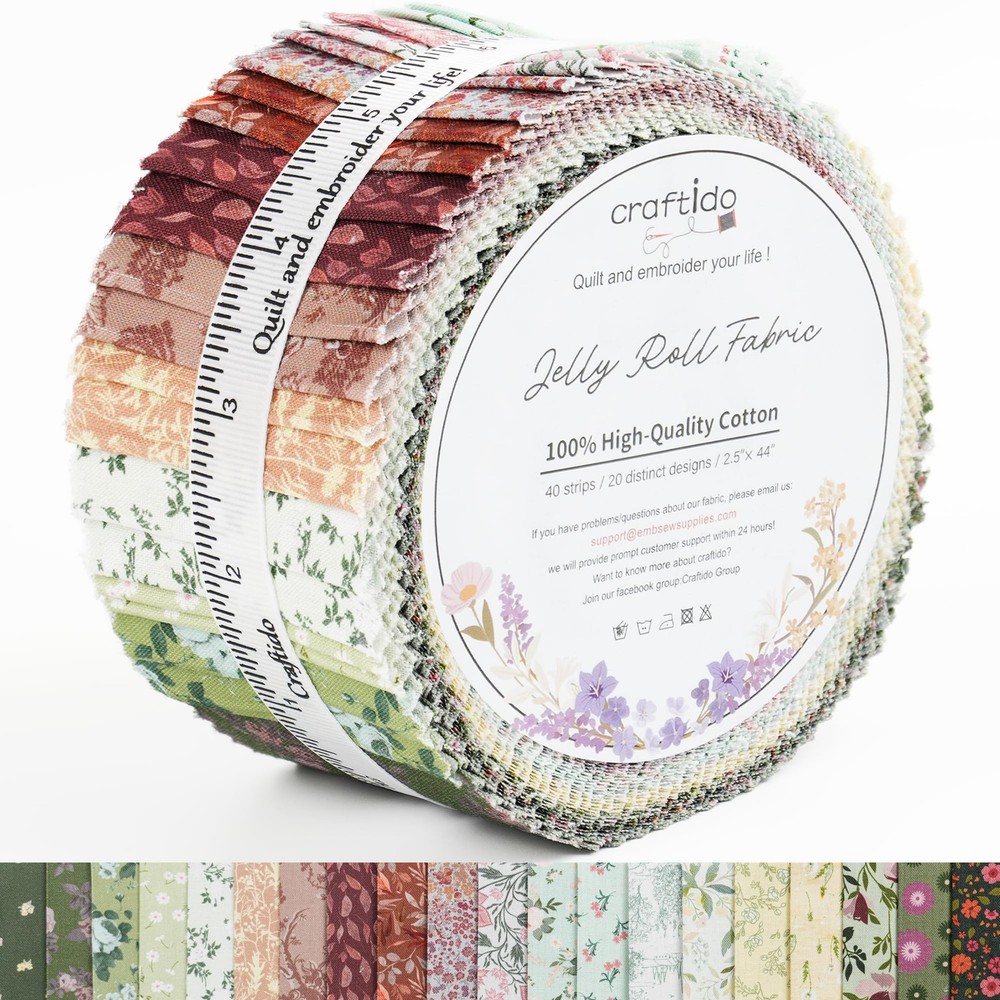 40 PCS 100% Cotton Jelly Roll Fabric Precut Strips 2.5×44 Inch Cottage Bloom
