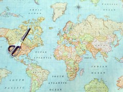 WORLD MAP 3 Fabric -Vintage Atlas Curtain Upholstery Cotton Material 55” wide