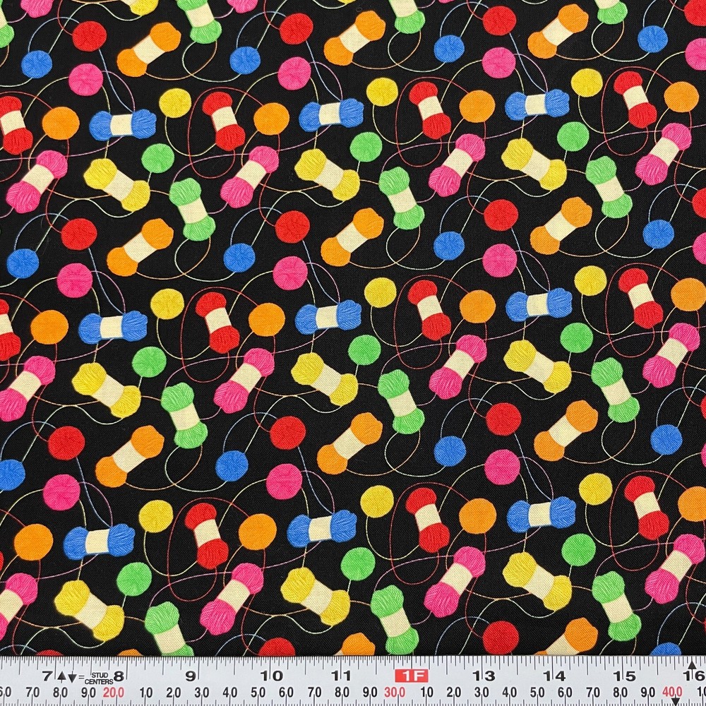 Michael Miller Ball ‘N’ Skein Black Cotton Fabric by the HALF YARD 18″ x 44″