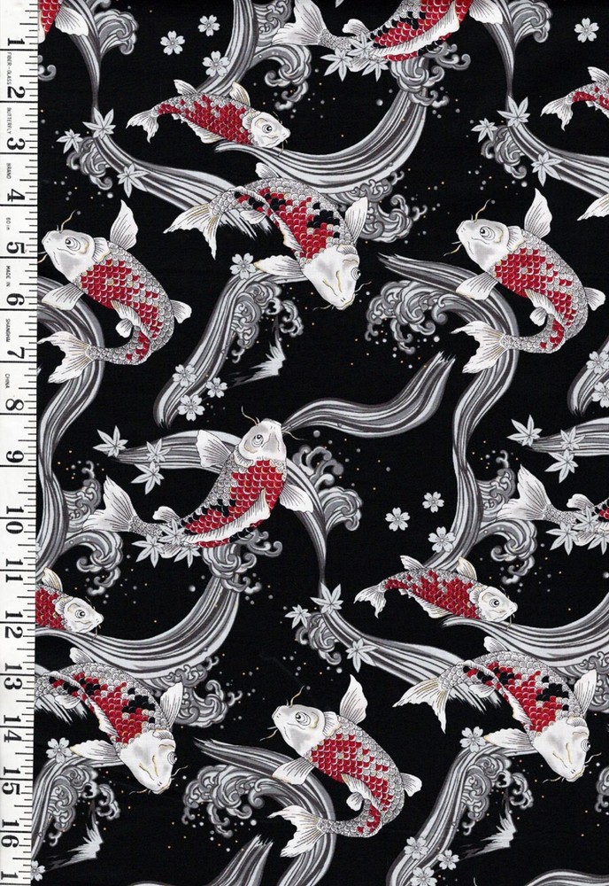Japanese-Cosmo Stylized Koi, Mt. Fuji & Grt Wave – SP3700-2E-Black-By Half Yard