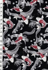 Japanese-Cosmo Stylized Koi, Mt. Fuji & Grt Wave – SP3700-2E-Black-By Half Yard