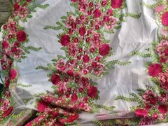 “Fuchsia Floral Lace Fabric on White Mesh with Green Leaf Embroidery – Sold by t