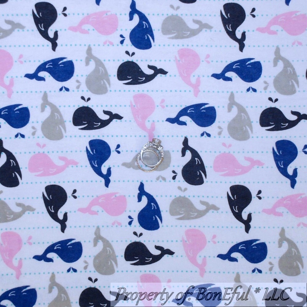 BonEful Fabric FQ Cotton Quilt Flannel White Pink Navy Blue Gray Stripe WHALE US