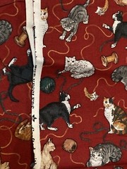 Small Cats Yarn Thread Spools on Red 18″ x 37″ Kesslers VTG Concord Fabric Scrap