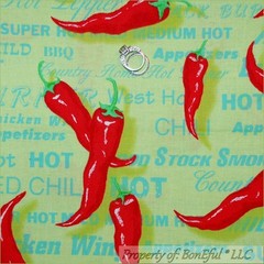 BonEful Fabric FQ Cotton VTG Green Red HOT PEPPER Cook Chef Word Kitchen BBQ OOP