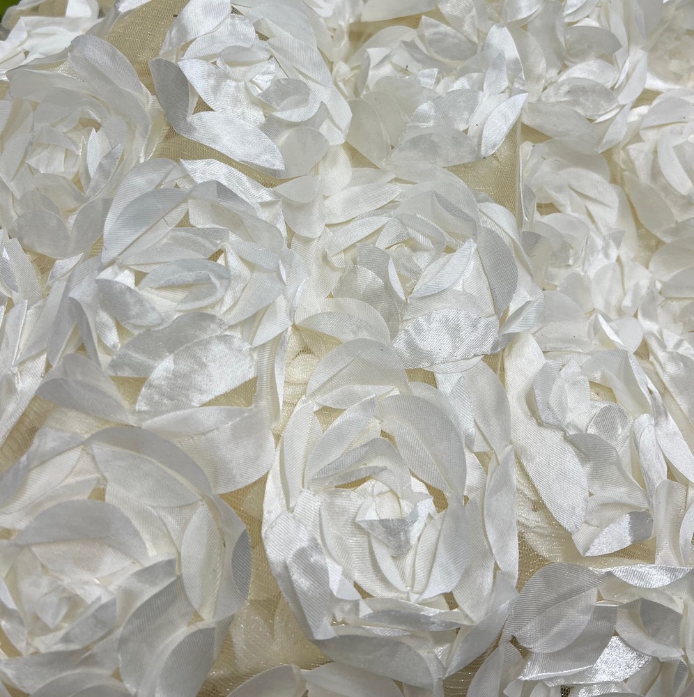 Maci IVORY 3D Floral Polyester Satin Rosette on Mesh Fabric by the Yard – 10057