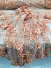 Peach Floral 3D Beaded French Embroidered Handmade Mesh 3D Lace Fabric By Yard