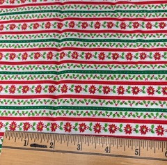 Christmas Striped Fabric Poinsettia & Holly 20″ x 38″ Red/Green Cotton Quilting
