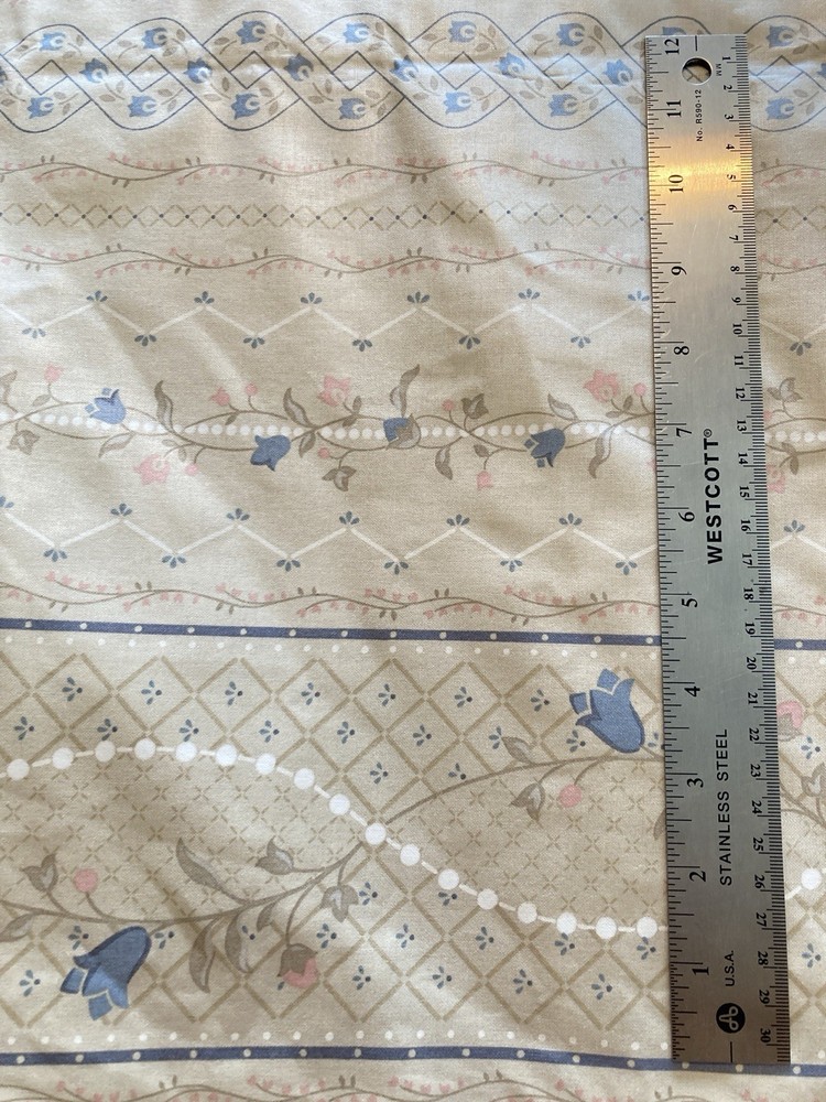 Med Blue Pink Flowers on Lt Tan Striped Chintz Heavy Fabric 5.5Y Cottagecore