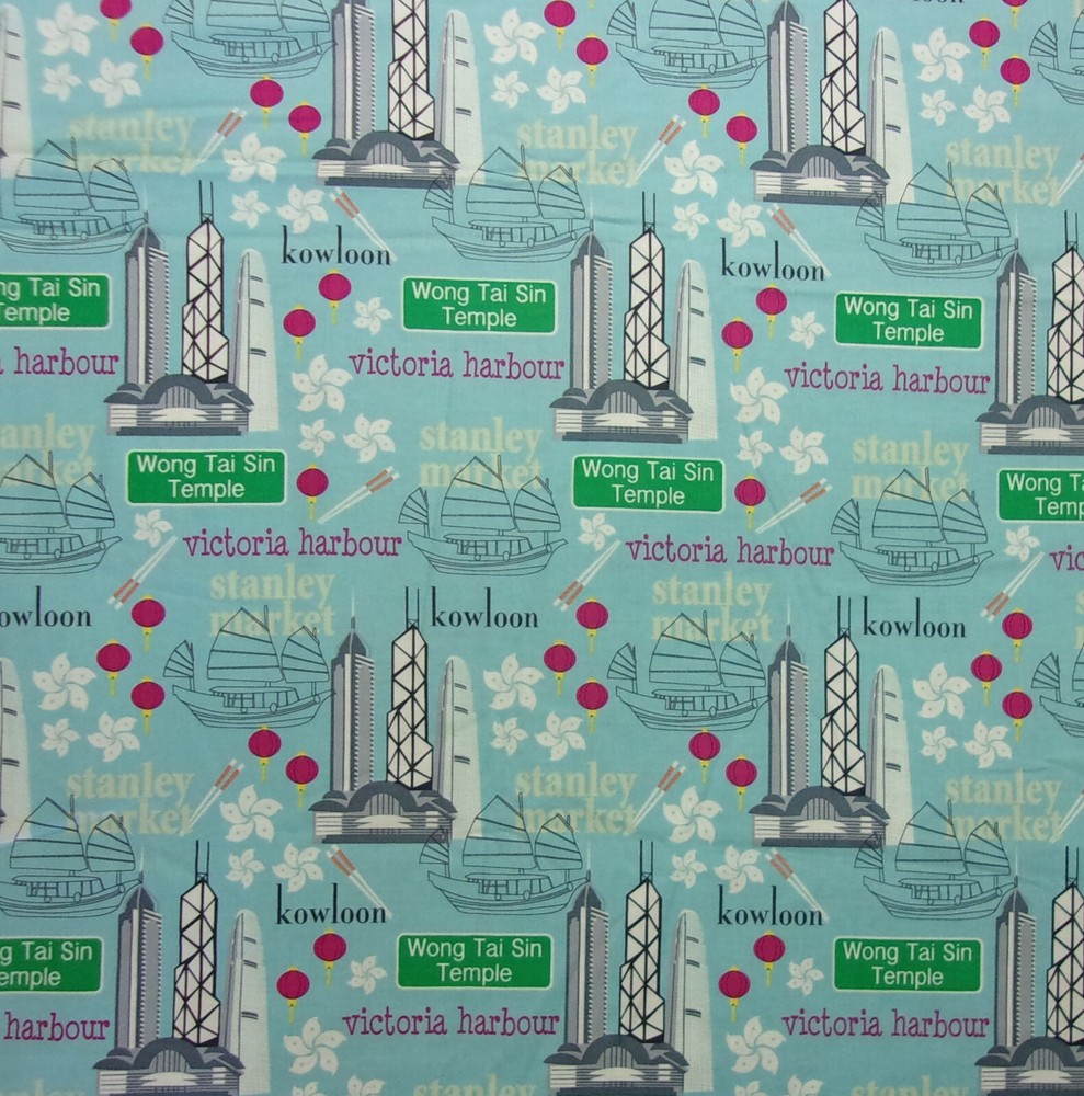 CITY SIGNATURE M’Liss Cotton Fabric HONG KONG Victoria Harbour Blue 2 & 1/2 Yds