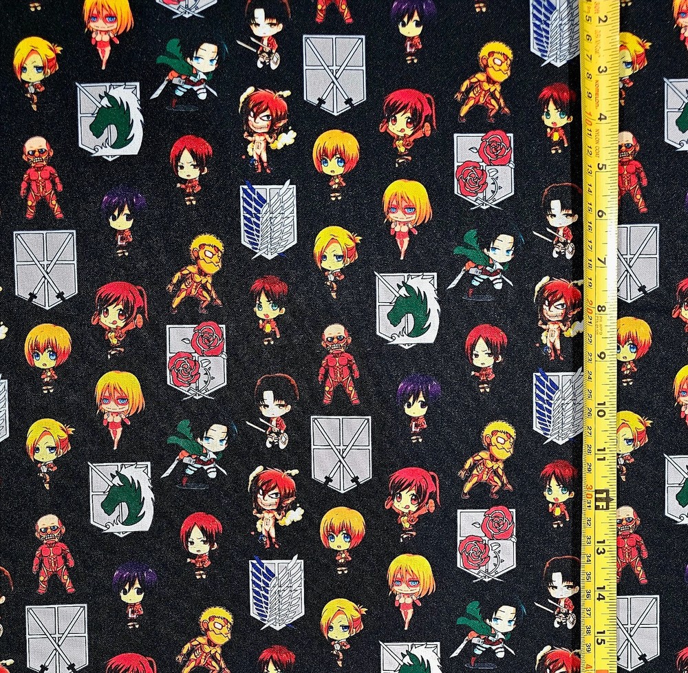 ATTACK ON TITAN CHIBI BLACK ANIME 1 YARD FABRIC ( 36″ X 58″ ) BRAND NEW