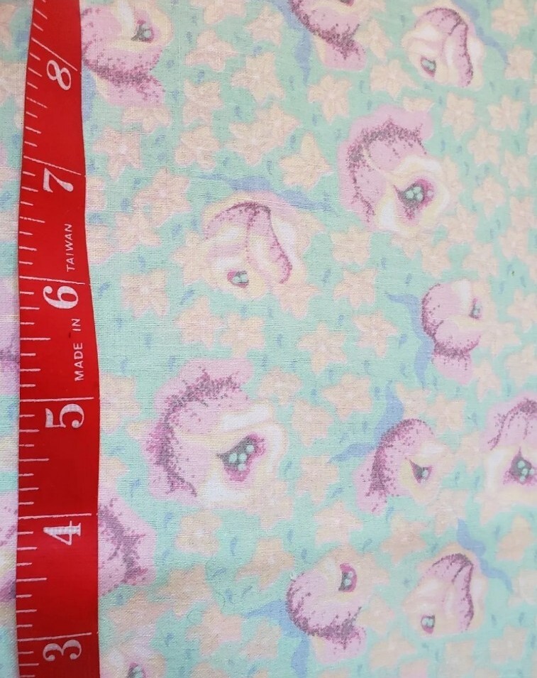 Vntg Sewing Fabric P&B Pastel Aqua Pink & Peach Cabbage Roses 1.25ydx45 Cotton