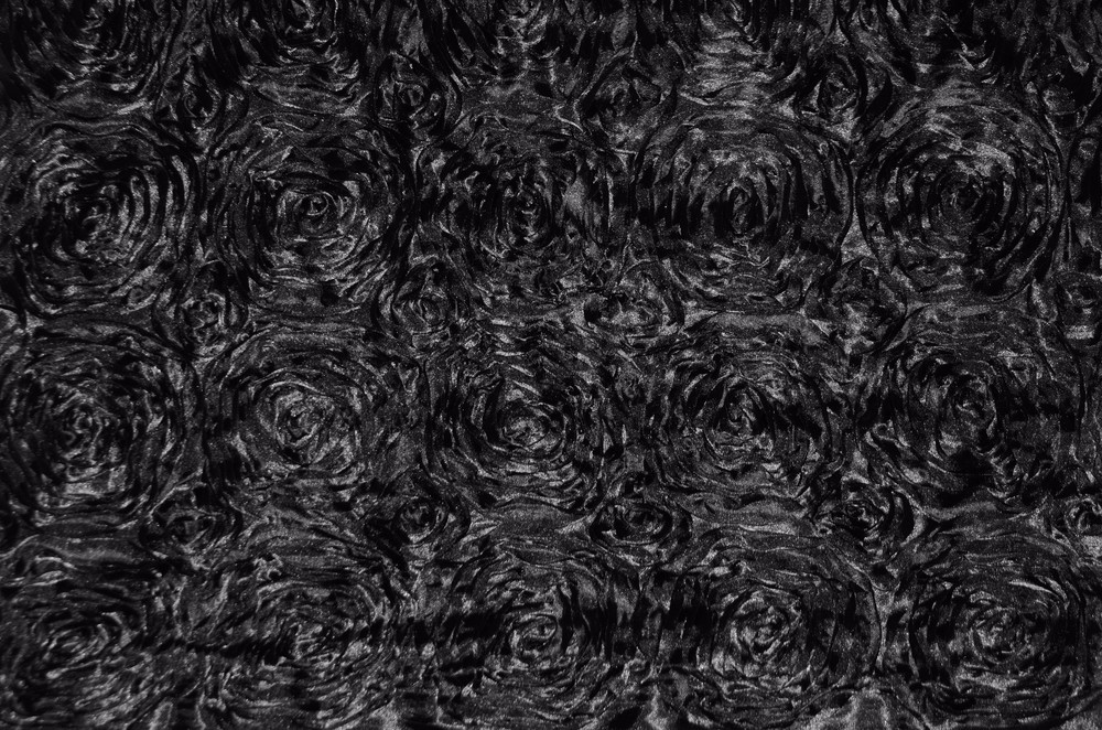 SATIN ROSETTE 3D FLORAL EMBROIDER BACKDROP BLACK HOME DECOR FABRIC PER YARD