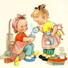 Set of TWO 5×5 Vintage Retro Kids TIME FOR A BREAK Craft Cotton Fabric Blocks