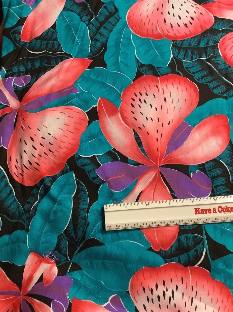 Hawaiian Floral Cotton Fabric 2 Yards & 20” X 45” Pink Purple Orchids On Black