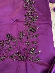 DESIGNER COUTURE FABRIC DEEP PURPLE SATIN MULTI COLOR BEADS EMBOIDERY CRAFTS