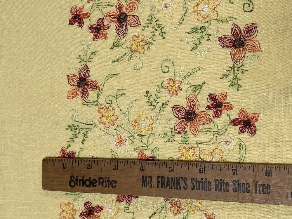 Yellow Linen Fabric Embroidered Border Print Red Orange Green Yellow 36×50”