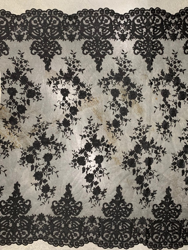 Teagan BLACK Damask Design Embroidered on Mesh Lace Fabric by the Yard – 10027