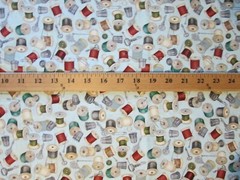 THREAD SPOOLS OF THIMBLE NEEDLES THREADER MORE ON BLUE COTTON FABRIC FQ