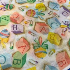 9″ Fabric Squares – Lot of 13 – Vintage baby theme blocks numbers rattle pastel