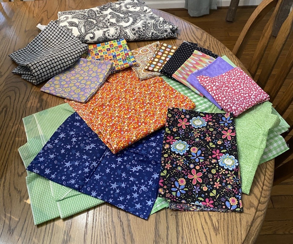 Lot Of 16 Different Fabric Scraps Remnant Various Patterns & Sizes, See Pics