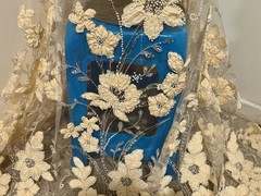 Cream Silver Beaded Embroidery Bridal Lace Fabric 50” Width Sold By Yard
