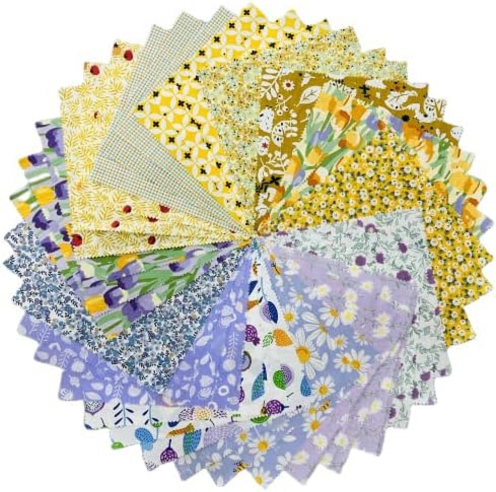 Vintage Floral Precut Fabric Squares 10×10, Purple Yellow Layer Cake Fabric for