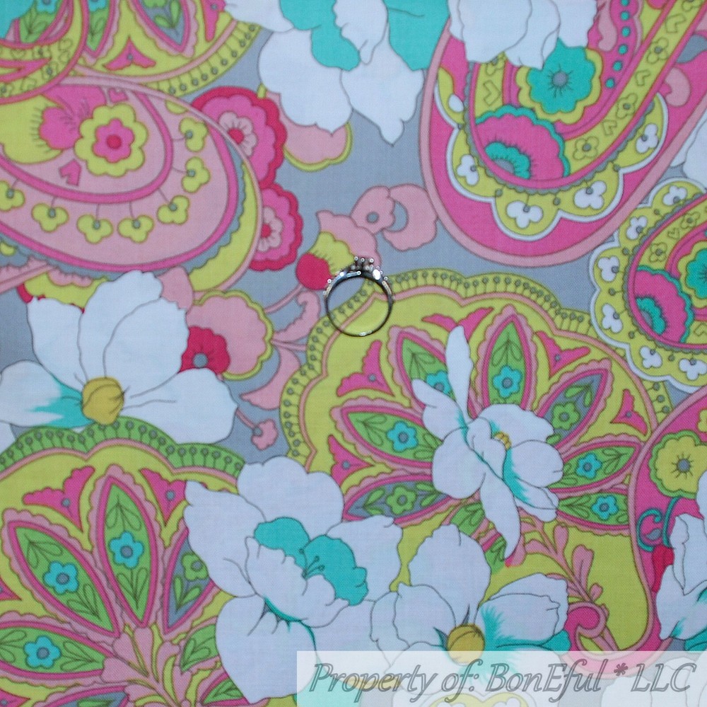 BonEful Fabric FQ Cotton Quilt Gray Pink Yellow Green Leaf Summer Flower Garden