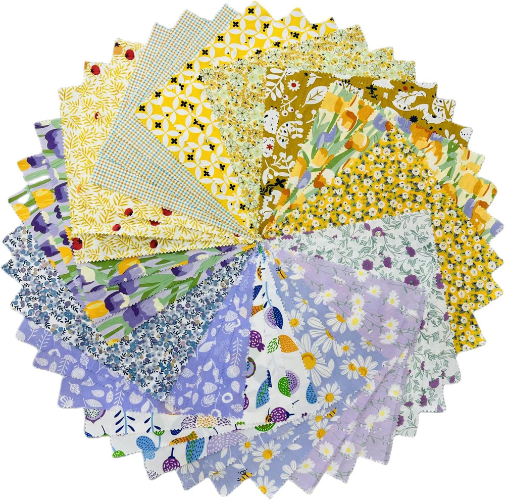 Vintage Floral Precut Fabric Squares 10X10, Purple Yellow Layer Cake Fabric for