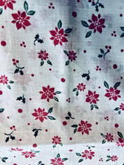 VTG Christmas Holiday Fabric Holly Poinsettia & Red Dots On White BTFQ