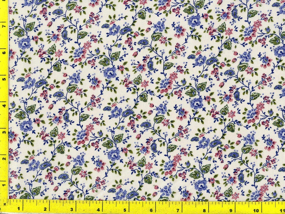 Small Blue and Light Red Flowers Vines on Off White By The Yard CFLPUR03810