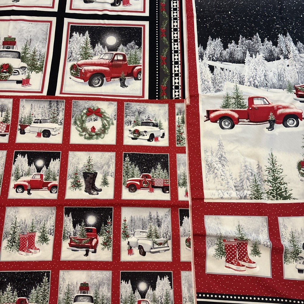 Christmas Red & White Truck Fabric 3 Panels For Quilting Read