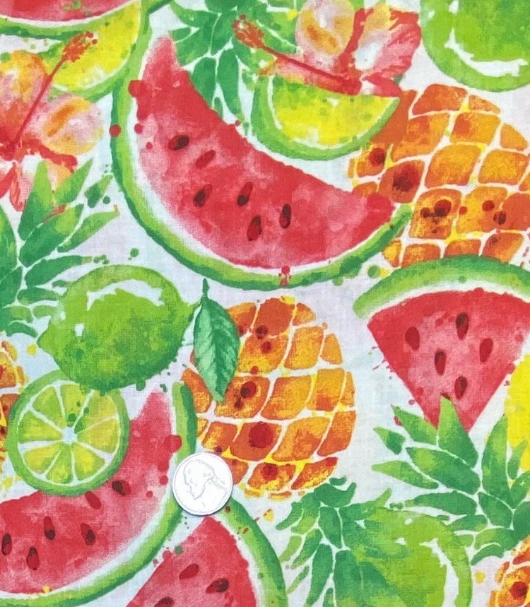 Watercolored Summer Fruit on White Fabric, BTHY, Pineapple & Watermelon Print