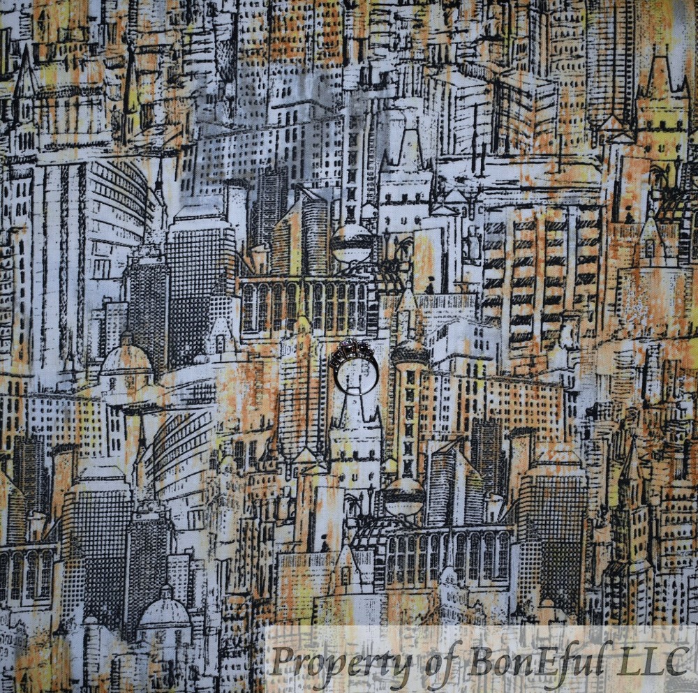 BonEful Fabric FQ Cotton Quilt Black White Gold Metallic City Building Scenic US