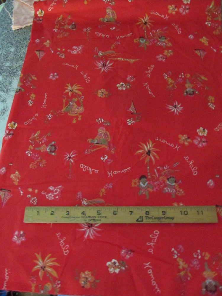 3 yards x44″ Hawaiian Textile Fabric Red Aloha Hawaii Design Hula Dancer flowers