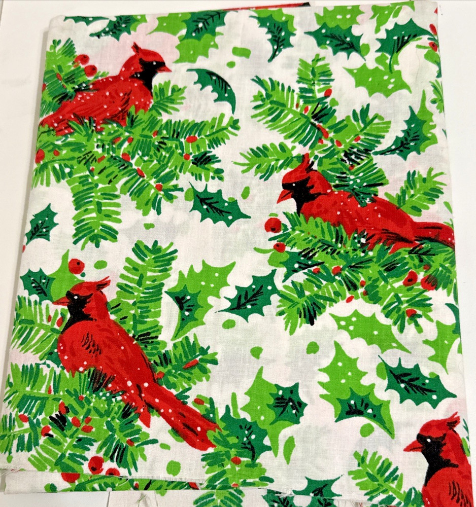 Vintage Christmas Fabric Spring Mills Red Cardinal Green Holly Berry 2 1/2 Yards