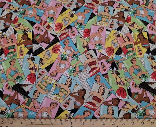 JoAnn Fabric – RETRO SWIMSUIT POSTCARDS – by the HALF yd (18″)