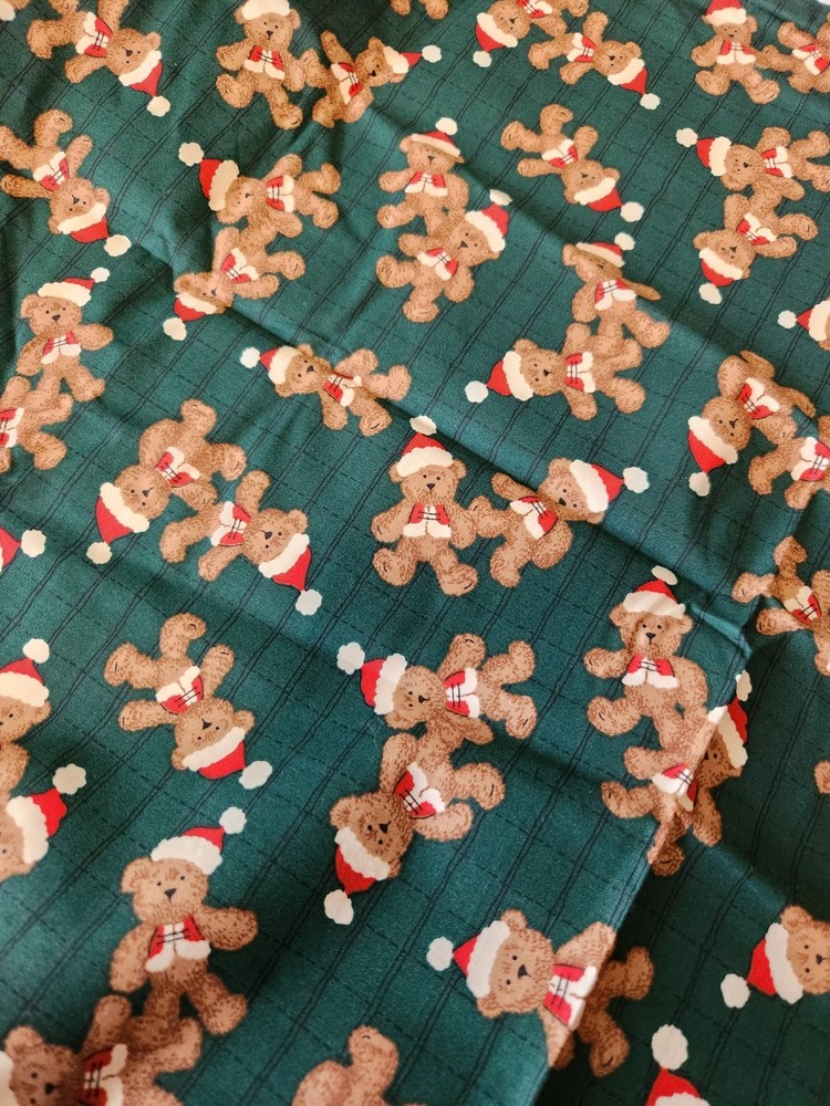 33″ x 29″ Fabric Santa Teddy Bears On Green Background Vintage