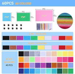60PCS Felt Fabric Sheets Craft Kit – 4″x 4″ + 4″x 6″+ 8″x 12″ Assorted Colors –