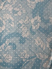 Vintage Blue White Flocked Swiss Dot Floral Fabric Pinafore Dress 44” X 128”